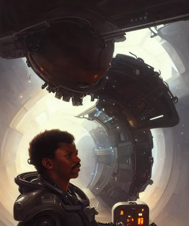 Image similar to Short muscular man in spacecraft loading bay, portrait, face, dark hair, black skin, sci-fi, intricate, elegant, highly detailed, digital painting, artstation, concept art, smooth, sharp focus, illustration, art by artgerm and greg rutkowski and alphonse mucha