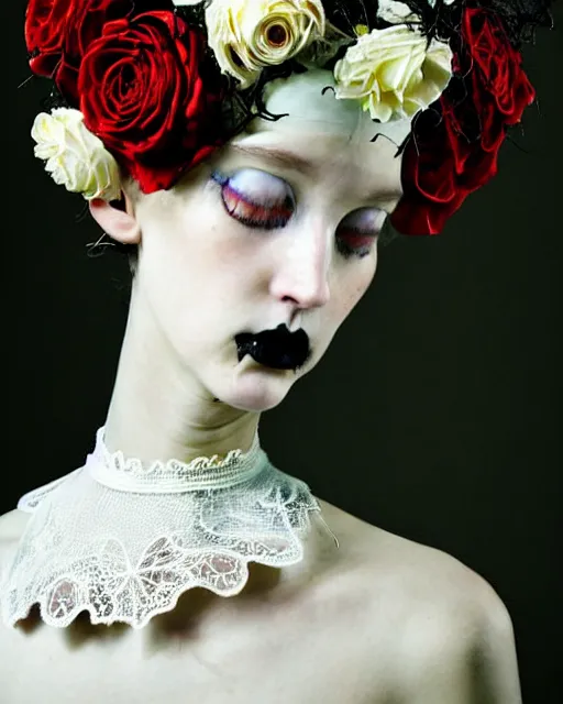 Image similar to dreamy surreal poetic photo of a beautiful young porcelain female-cyborg-vegetal with a very long neck and a super big gothic lace collar filled with dead flies and a very high big floral crown with many black dry roses by Vivienne Westwood:: smoke, high fashion, haute couture, rococo, avant-garde, elegant, dreamy, hyper realistic, 150 mm lens, soft rim light, octane render, unreal engine, picture was taken in 1910 by Dora Maar, volumetric lighting, dramatic light,8k,