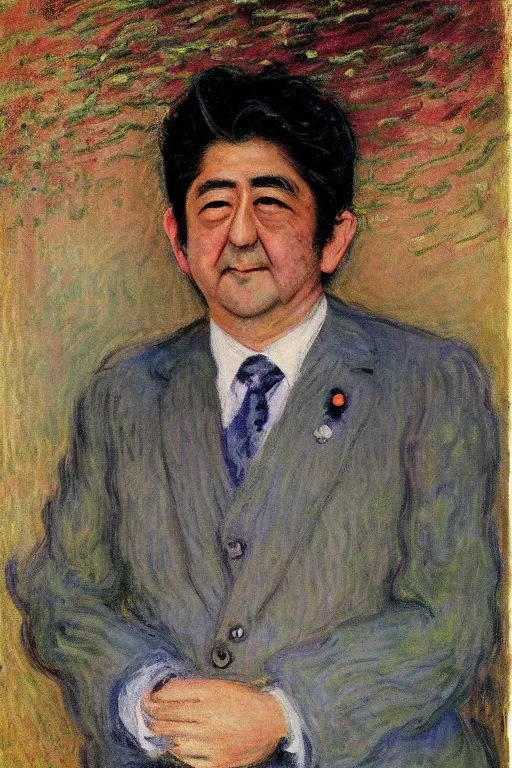 Image similar to portrait of shinzo abe painting by claude monet