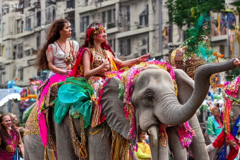 Image similar to bohemian fairy riding an elephant in an Indian parade