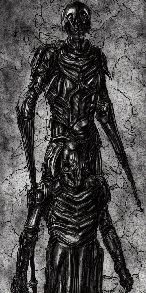 Prompt: full-body dark creepy neo gothic realistic diagram drawing central composition a decapitated soldier with futuristic elements. he looks at you with no head, dark dimension, empty helmet inside is occult mystical symbolism headless full-length view. standing on ancient altar eldritch energies disturbing frightening, hyper realism, 8k, sharpened depth of field, 3D