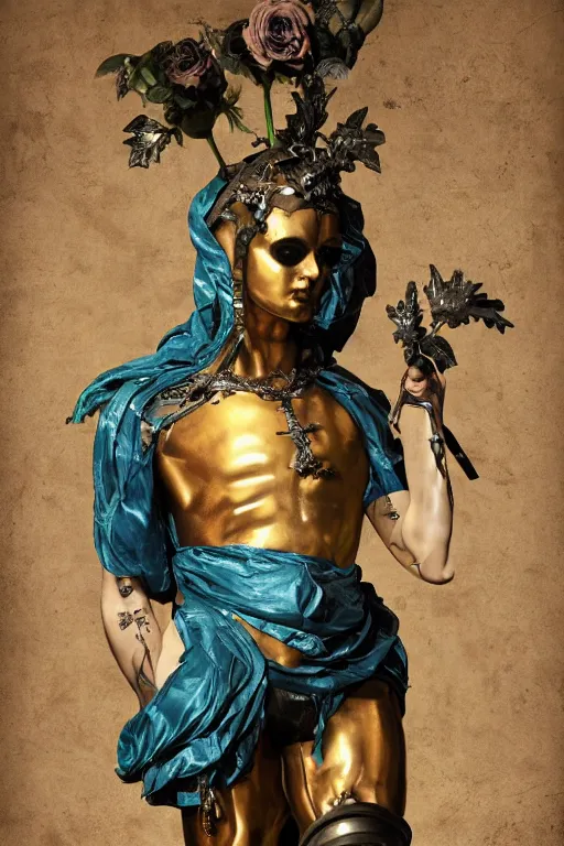 Prompt: a young handsome Spanish metal android with a large glowing battery in the center of his chest in a full-body bronze cyberpunk style statue of Icarus with glowing blue eyes, crown of peach roses, flowing teal-colored silk, fabric, flowers. baroque elements, human skull. full-length view. baroque element. intricate artwork by caravaggio. many many birds birds on background. Trending on artstation, octane render, cinematic lighting from the right, hyper realism, octane render, 8k, depth of field, 3D