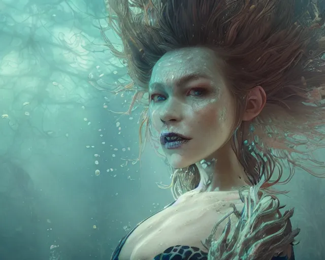 Image similar to underwater witch, au naturel, hyper detailed, digital art, trending in artstation, cinematic lighting, studio quality, smooth render, unreal engine 5 rendered, octane rendered, art style by klimt and nixeu and ian sprigger and wlop and krenz cushart.