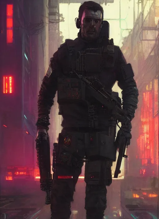 Prompt: Eisenhower. Cyberpunk assassin in tactical gear. blade runner 2049 concept painting. Epic painting by Craig Mullins and Alphonso Mucha. ArtstationHQ. painting with Vivid color. (rb6s, Cyberpunk 2077, matrix)