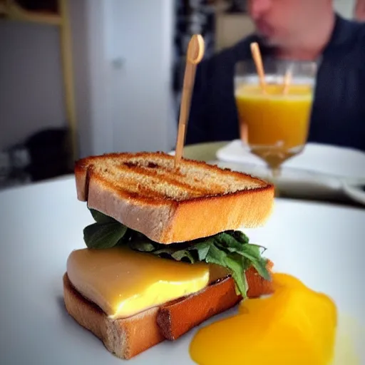 Image similar to foie gras sandwich with mango covered with huge amount of honey, bad, grainy and blurry amateur photo