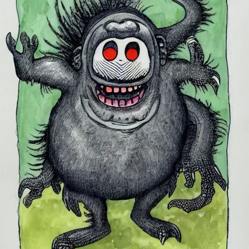 Prompt: a monster created by Maurice Sendak, ink and watercolor