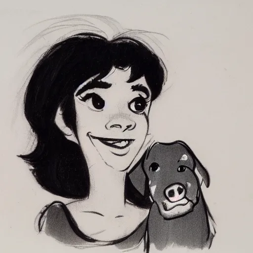 Image similar to milt kahl sketch of black hair cuban girl with dog nose