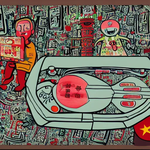 Image similar to chinese surgery operating table, in the style of daniel johnston and outsider art, 8k, line brush, overlaid with chinese adverts