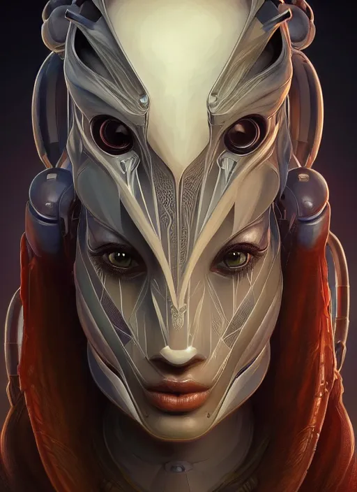 Image similar to asymmetrical!! portrait of an alien with large tubes in face in the style of, machine face, intricate, elegant, highly detailed, digital painting, artstation, concept art, smooth, sharp focus, illustration, art by artgerm and greg rutkowski and alphonse mucha, horizon zero dawn 8 k