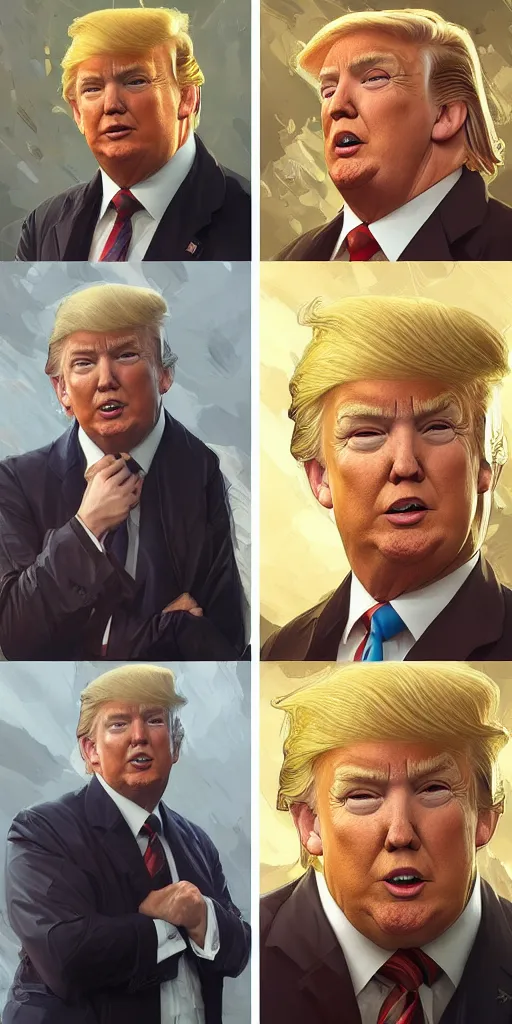 Prompt: portrait of before and after donald trump losing weight, highly detailed, digital painting, artstation, concept art, sharp focus, illustration, art by artgerm and greg rutkowski and alphonse mucha