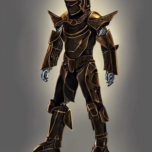 Image similar to Cybernetic spartan armor concept made of steel and leather with golden details and LED lights, concept art, armor