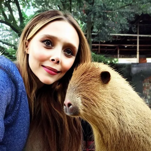 Prompt: elizabeth olsen with a capybara