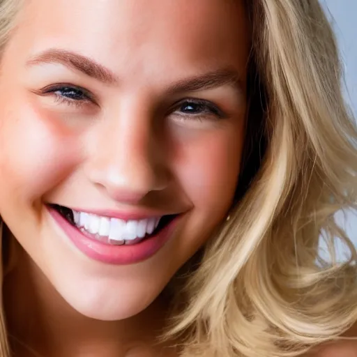 Prompt: a close up portrait of a 23 year old female, dirty blonde hair, perfect teeth, smiling