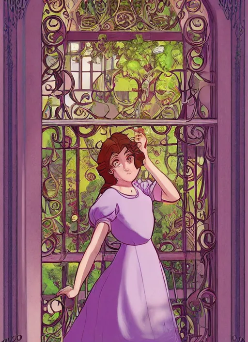 Image similar to well - lit art nouveau portrait of a 1 3 - year old girl with a shy expression, looking out from a balcony with a rose trellis, natural lighting, path traced, highly detailed, high quality, cartoon, digital painting, by don bluth and ross tran and studio ghibli