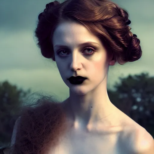 Image similar to photographic portrait of a stunningly beautiful gothic art nouveau female in soft dreamy light at sunset, contemporary fashion shoot, by edward robert hughes, annie leibovitz and steve mccurry, david lazar, jimmy nelsson, breathtaking, 8 k resolution, extremely detailed, beautiful, establishing shot, artistic, hyperrealistic, beautiful face, octane render
