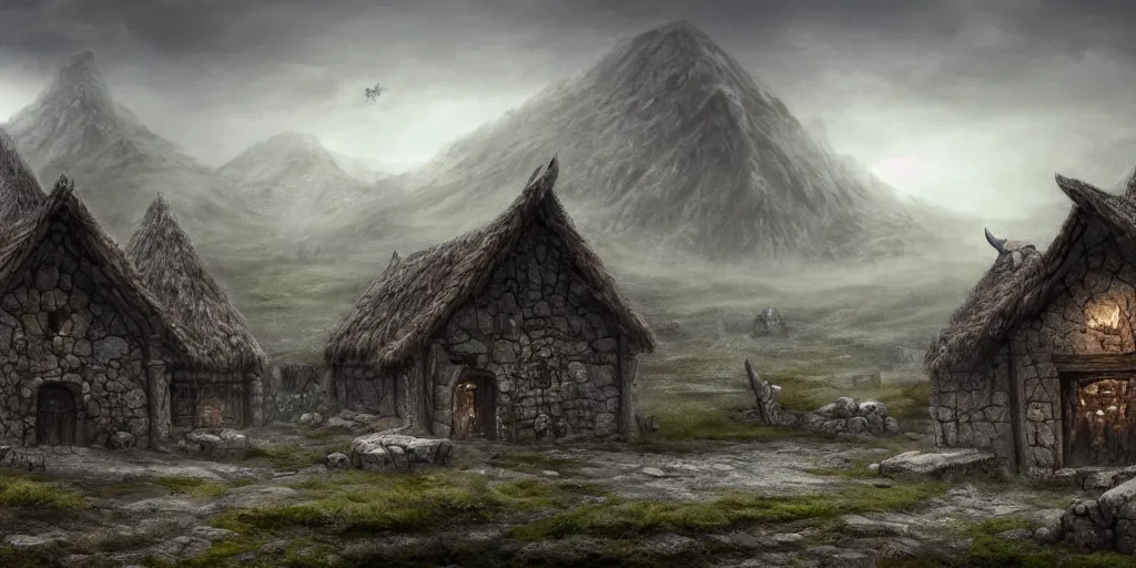 Prompt: highly detailed matte painting of a viking village with iron - spiked stone walls surrounding it and a four - legged dragon lurking in the misty moors outside, concept art, hd, featured on artstation