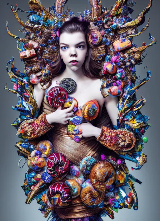 Image similar to expressive full body photo of anya taylor - joy, dress made of sweets and candies, glamour shot, by karol bak, stefan gesell, photorealistic, nikon d 4 x, fashion photography, hyper maximalist, elegant, ornate, luxury, elite, environmental portrait, symmetrical features, octane render, unreal engine, solid dark grey background, dramatic lights