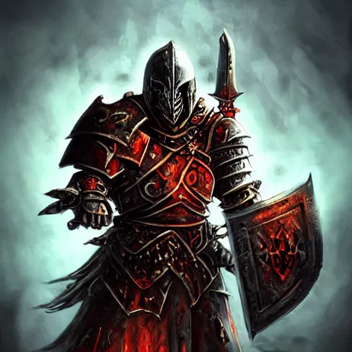 Image similar to chaos warrior with heavy armor and sword, heavy knight helmet, dark sword in hand, war theme, bloodbath battlefield, fiery battle coloring, hearthstone art style, epic fantasy style art, fantasy epic digital art, epic fantasy card game art