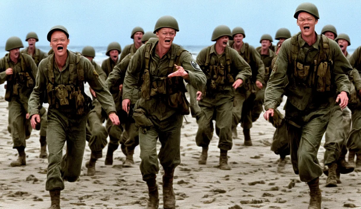 Image similar to Hollywood image of Matthew Lillard as shaggy from scooby doo, storming the beaches of Normandy, with soldiers by his side, saving private Ryan, 70mm film, HD, high detail, photorealistic, epic shot, Hollywood cinematic, Christopher Nolan