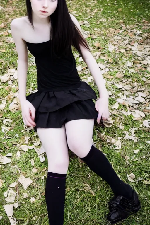 Prompt: a cute and pretty mentally insane 18 year old with pale skin and smoothly straight shoulder length hairinquisitively smirks at you ,a pretty and cute 18 year old girl wearing a mostly black private school uniform, skirt and knee high black leggings with a personality affected by mental insanity imagines an image of a psychic iridescent state of reality existing, while posing surrounded by black roses. ultra detailed 3D render at 16K resolution. epically surreally epic image. rendering amazing detail. vivid clarity. ultra shadowing. mind-blowing quality. really cool 3D shadowing.