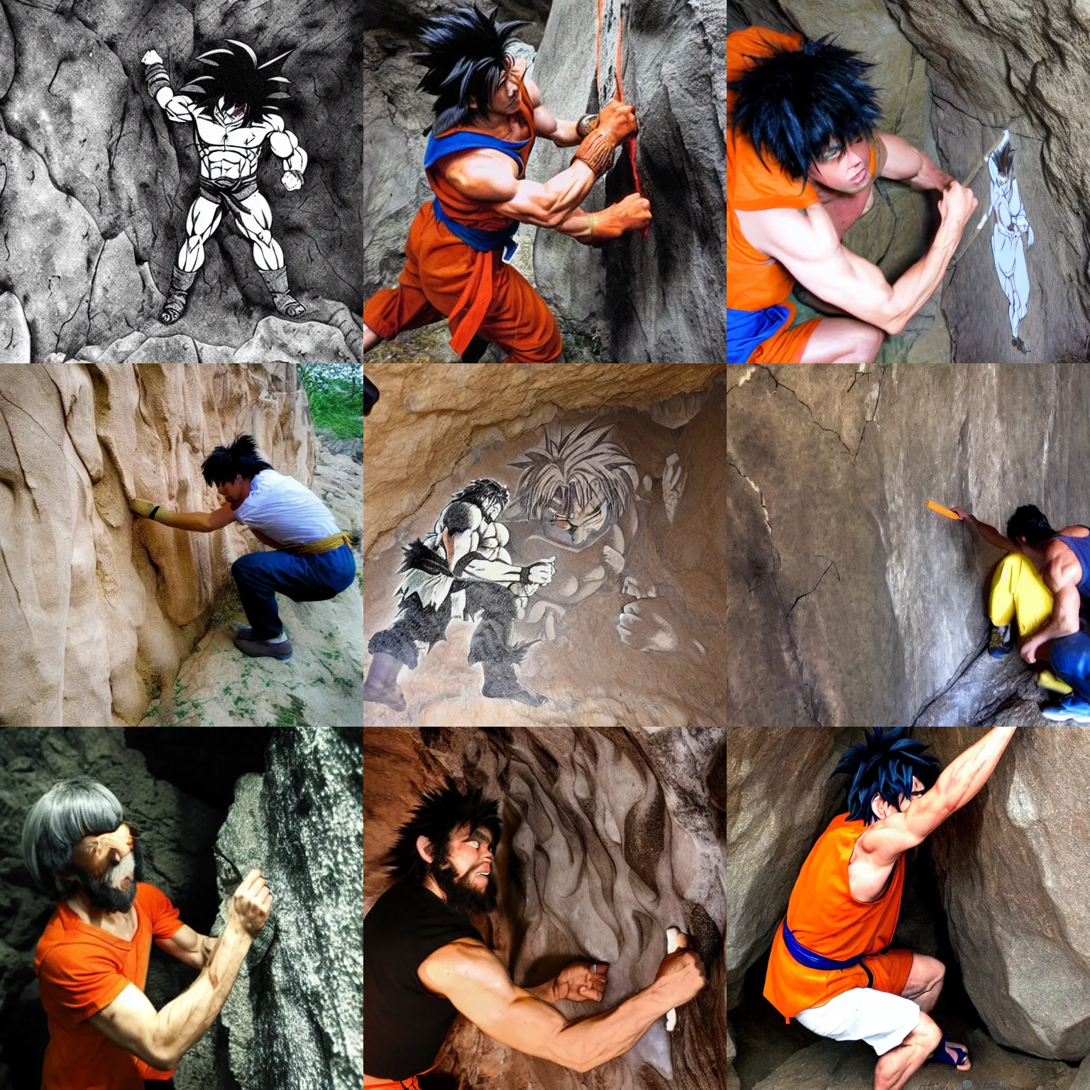 Prompt: a caveman is etching goku into a cave wall, photo