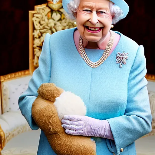 Prompt: The Queen of England holding an anime plush pillow and smiling