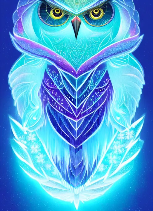 Image similar to symmetry!! product render poster vivid colors divine proportion owl, ice and snow, glowing fog intricate, elegant, highly detailed, digital painting, artstation, concept art, smooth, sharp focus, illustration,