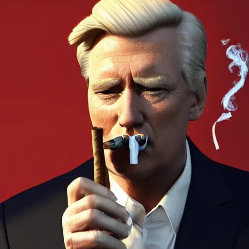 Image similar to a high quality photo of donald trump smoking a cigar, 3d scene, render, ultra realistic, artstation, cgsociety