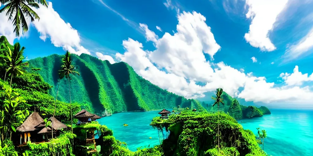 Prompt: Bali, dream, steampunk, beautiful nature, sunny day, sunshine lighting high mountains, which are higher than white fluffy clouds with green trees on top, a small wooden bridge connecting two mountains, ocean beneath the mountains with clear blue water, steel whales jumping and showing from the waves, cinematic, 8k, highly detailed