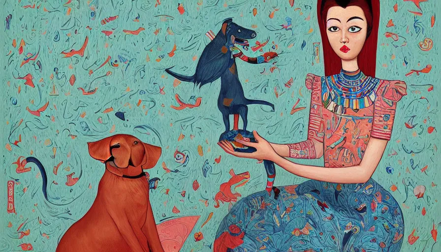 Prompt: a painting of a woman and a dog, a surrealist painting by james jean, behance contest winner, naive art, storybook illustration, egyptian art, whimsical