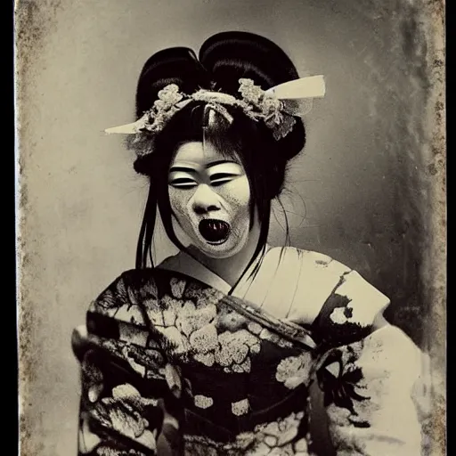 Image similar to terrifying evil dark angry geisha!!! daguerreotype portrait photograph. inspired by gerard grom and ansel adams. beautiful. highly detailed. old timey.