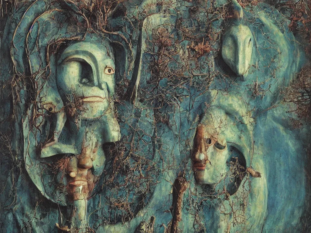 Prompt: Albino mystic with blue eyes, looking in the distance at giant Oceanian totemic archaic sculpture mound mask made from Malachite in the strange ravine. Painting by Jan van Eyck, Beksinski, Rene Magritte, Agnes Pelton, Max Ernst, Walton Ford