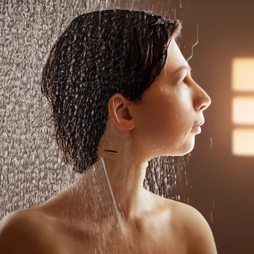 Prompt: a woman with short brown hair, contemplating the advent of ai in the shower. realistic photograph.