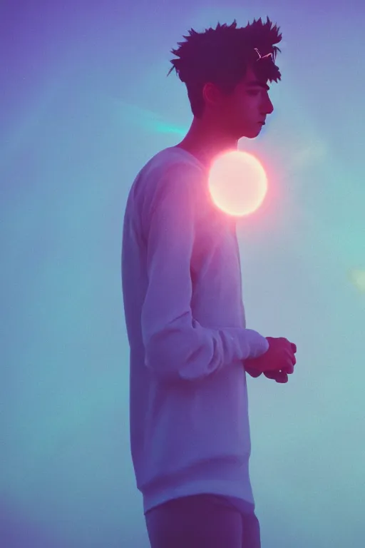 Image similar to agfa vista 4 0 0 photograph of a skinny guy floating in space, futuristic, synth vibe, vaporwave colors, lens flare, flower crown, back view, moody lighting, moody vibe, telephoto, 9 0 s vibe, blurry background, grain, tranquil, calm, faded!,