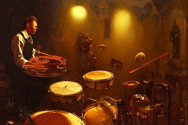 Prompt: gingerbread man plays the drums, dramatic lighting, intricate concept painting by greg rutkowski, artgerm, caravaggio