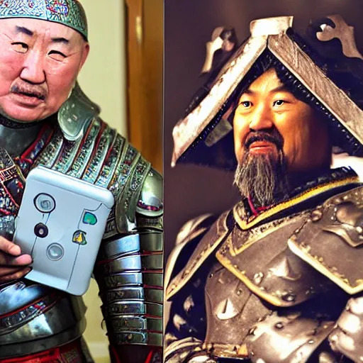 Prompt: Genghis Khan dressed in full armor plays his Nintendo DS while crying cause he’s bad at Pokemon