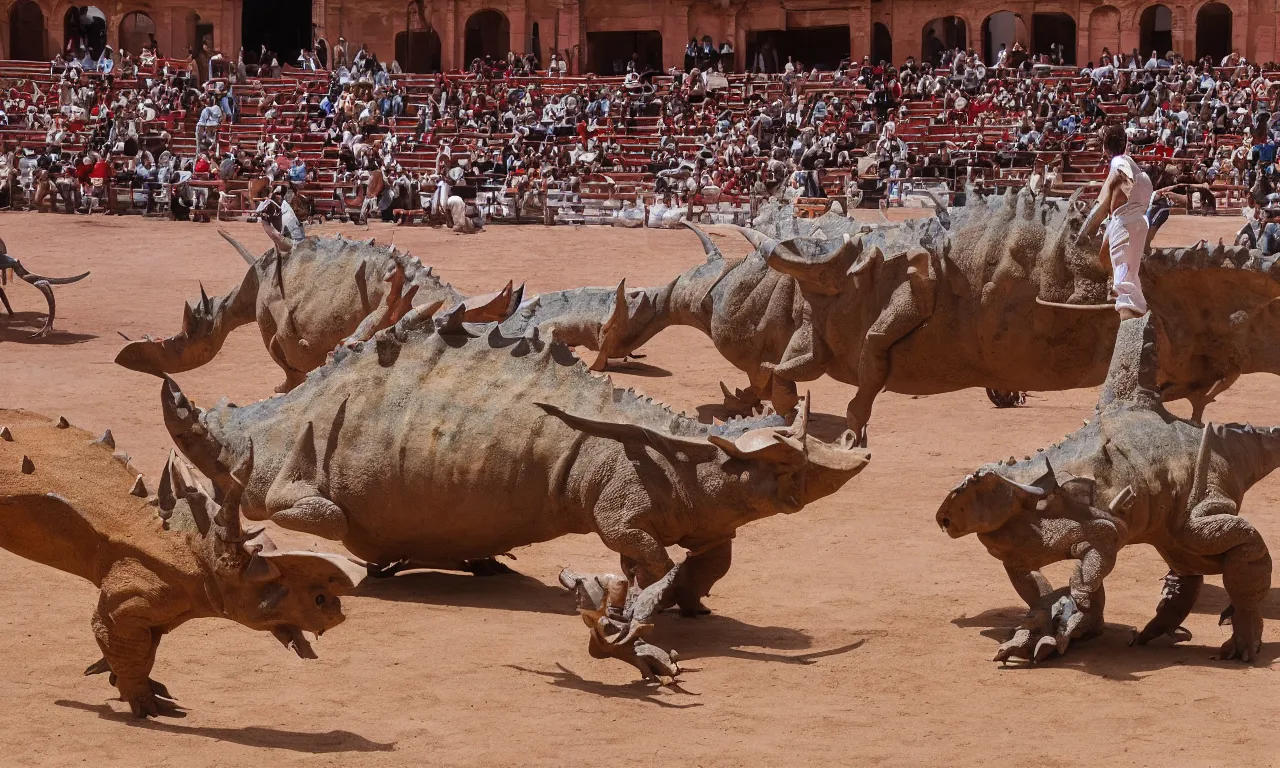 Image similar to a toreador facing off against a horned dinosaur in the plaza de toros, madrid. extreme long shot, midday sun, kodachrome