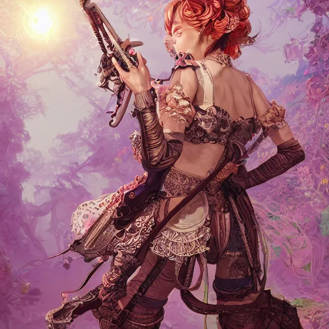 Prompt: the portrait of chaotic neutral semi - colorful smirking female bard assassin as absurdly beautiful, gorgeous, elegant, young gravure idol, an ultrafine hyperdetailed illustration by kim jung gi, irakli nadar, intricate linework, bright colors, octopath traveler, final fantasy, unreal engine 5 highly rendered, global illumination, radiant light, detailed and intricate environment