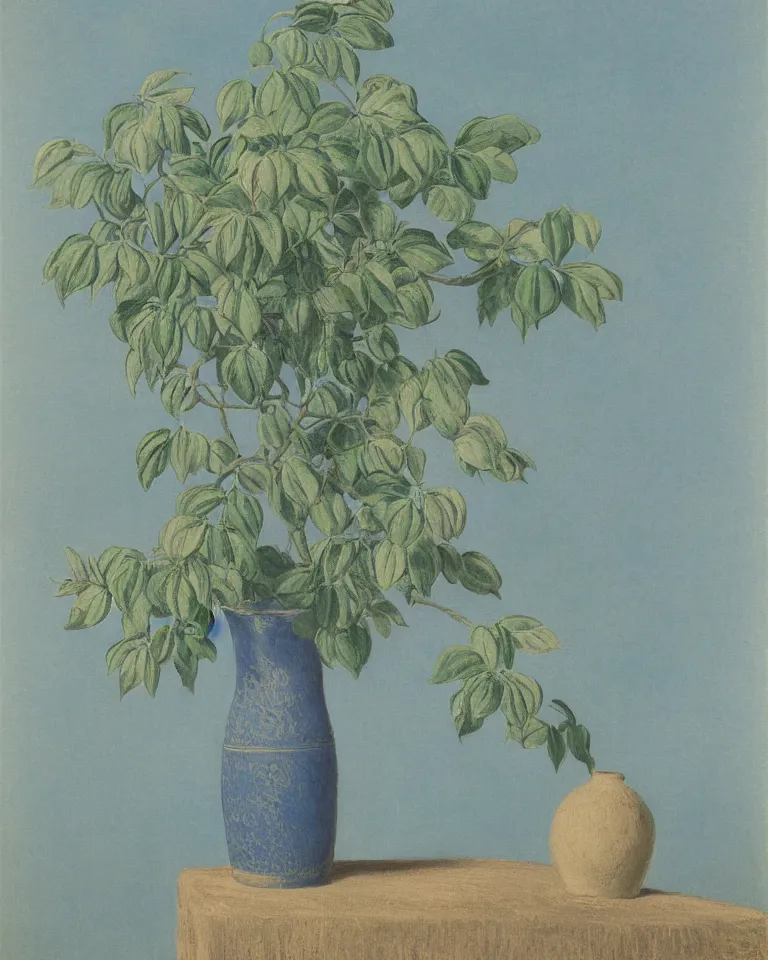 Prompt: achingly beautiful print of painted ancient greek vase on baby blue background by rene magritte, monet, and turner.