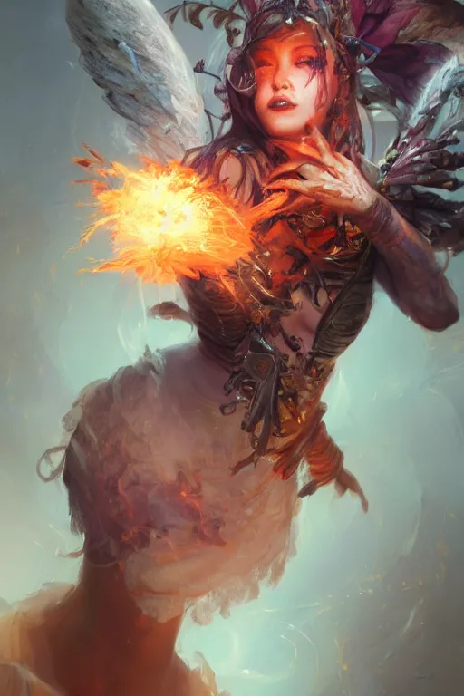 Prompt: face closeup of beautiful girl necromancer, witch - doctor exploding into flowers, angels, 3 d render, hyper - realistic detailed portrait, holding fire and electricity, ruan jia, wlop. scifi, fantasy, magic the gathering, hyper detailed, octane render, concept art, peter mohrbacher