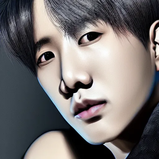 Image similar to j - hope from bts, highly detailed, professional digital painting, extreme illustration, unreal engine 5, photorealism, hd quality, 8 k, wispy, cinematic, art by andy warhol, artgerm, yoshitaka amano