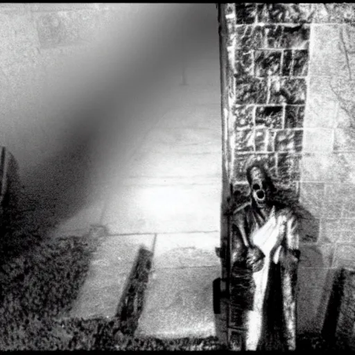 Prompt: cctv security cam grainy black and white footage of baron samedi in an spooky graveyard. baron samedi is wreathed in mist and shadow and is looking at the camera.