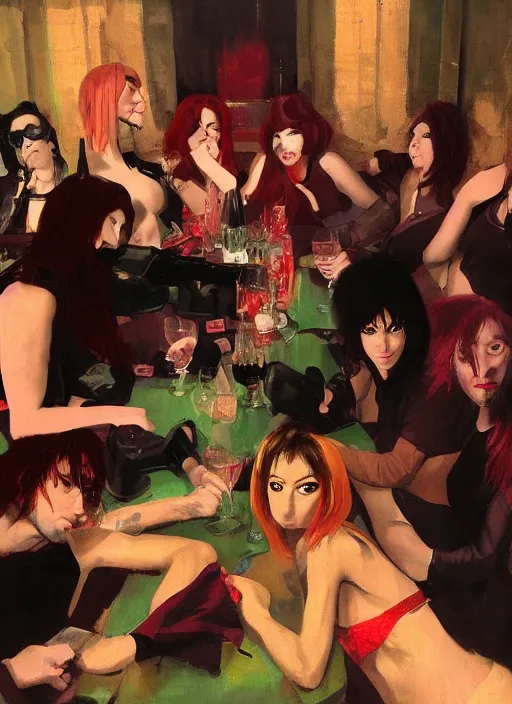 Image similar to glam rockers drinking brutal and raw wine, inside a green room with red lights, renaissance painting, loish, makoto shinkai, phil hale, extremely detailed