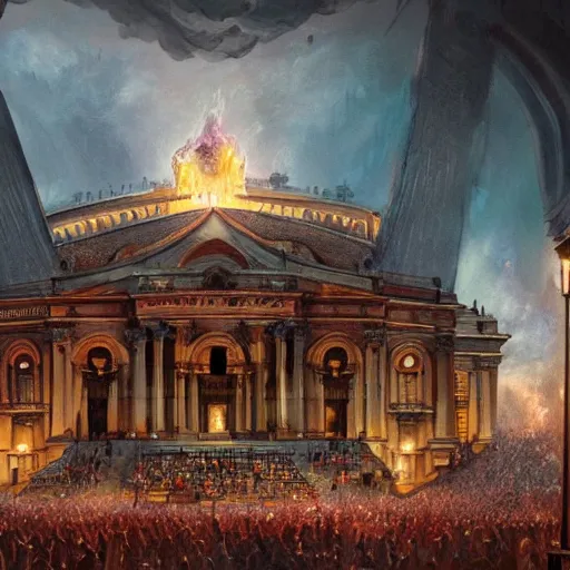 Image similar to the opera house at lviv in hell, inferno, panorama, highly detailed, full body, digital painting, trending on artstation, concept art, sharp focus, illustration, art by artgerm and greg rutkowski and magali villeneuve