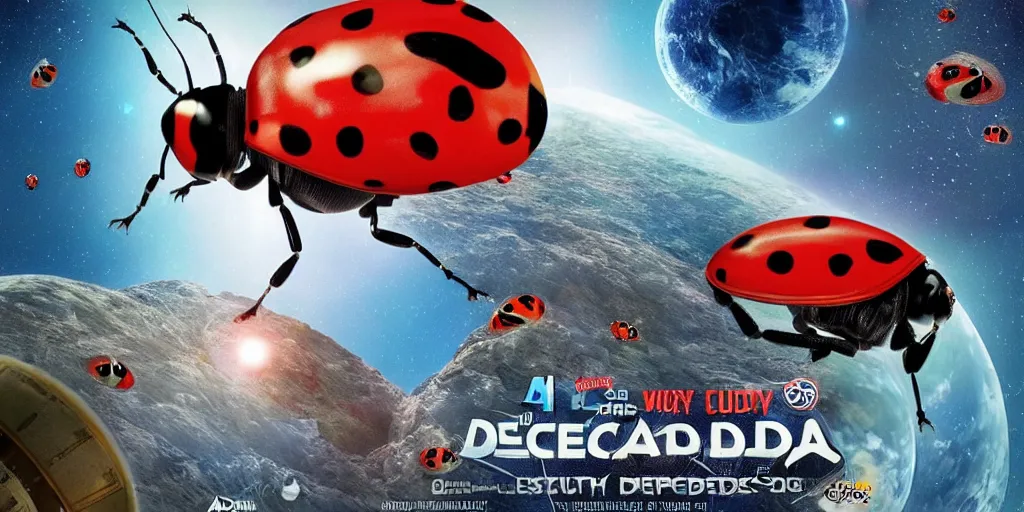 Image similar to a 3 d rendered movie still a ladybug descendant 1 million into the future. the ladybug is sentient, wears a spacesuit, and explores cosmos in a super awesome space ship. science fiction blockbuster movie ladybugs rule the world or my stepmom is a ladybug from the future, imax 7 0 mm. gaurdians of the galaxy.