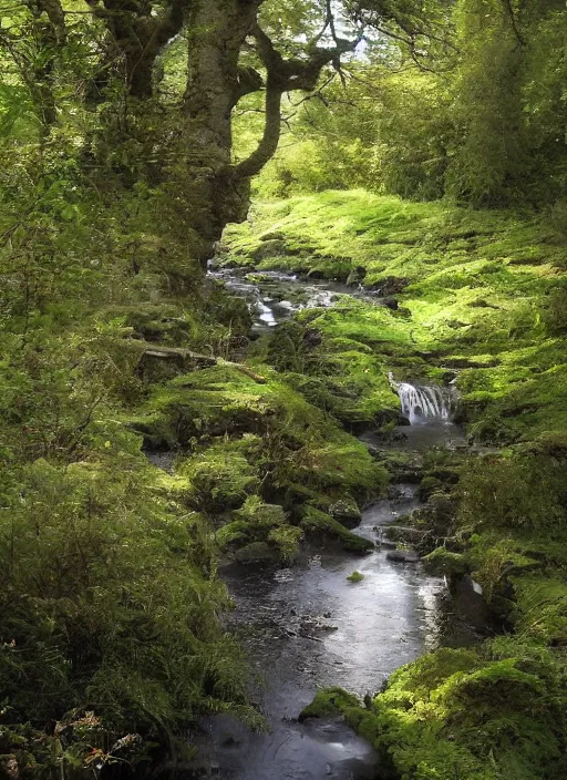 Image similar to there is a place in wales, tucked out of view magic happens, only seen by a few. for just one day, for only just one hour. the last summer's day break at gelli aur. there you must follow a winding trout stream. search all the oaks with a tiny light beam, inspired by jessica rossier and charlie bowater