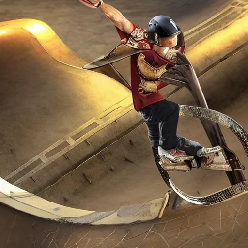 Image similar to roman chariot racer jumping in a skate park half-pipe, video game cover, intense, high detail, crowd cheering, wide lense, style of Tony Hawk