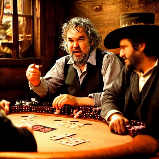 Image similar to Peter Jackson playing poker in wild west saloon, feature shotguns, dramatic lighting