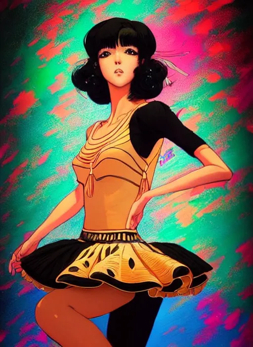 Image similar to a beautiful dancer with black hair in 1970's fashion, ballroom background, intricate, highly detailed, digital painting, artstation, official media, anime key visual, concept art, rich vivid colors, ambient lighting, sharp focus, illustration, art by Artgerm, Makoto Shinkai, Ilya Kuvshinov, Lois Van Baarle, and Rossdraws