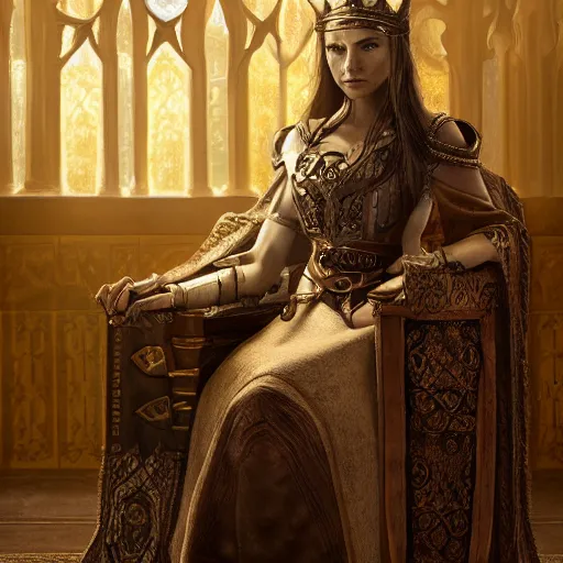 Image similar to the elder scrolls vi, charismatic regal brunette female jarl, portrait, rustic throne room, atmospheric lighting, painted, intricate, volumetric lighting, beautiful, daytime,, slight overcast weather, 4 0 0 0 k, sharp focus, deep colours, ultra detailed, by leesha hannigan, ross tran, thierry doizon, kai carpenter, ignacio fernandez rios